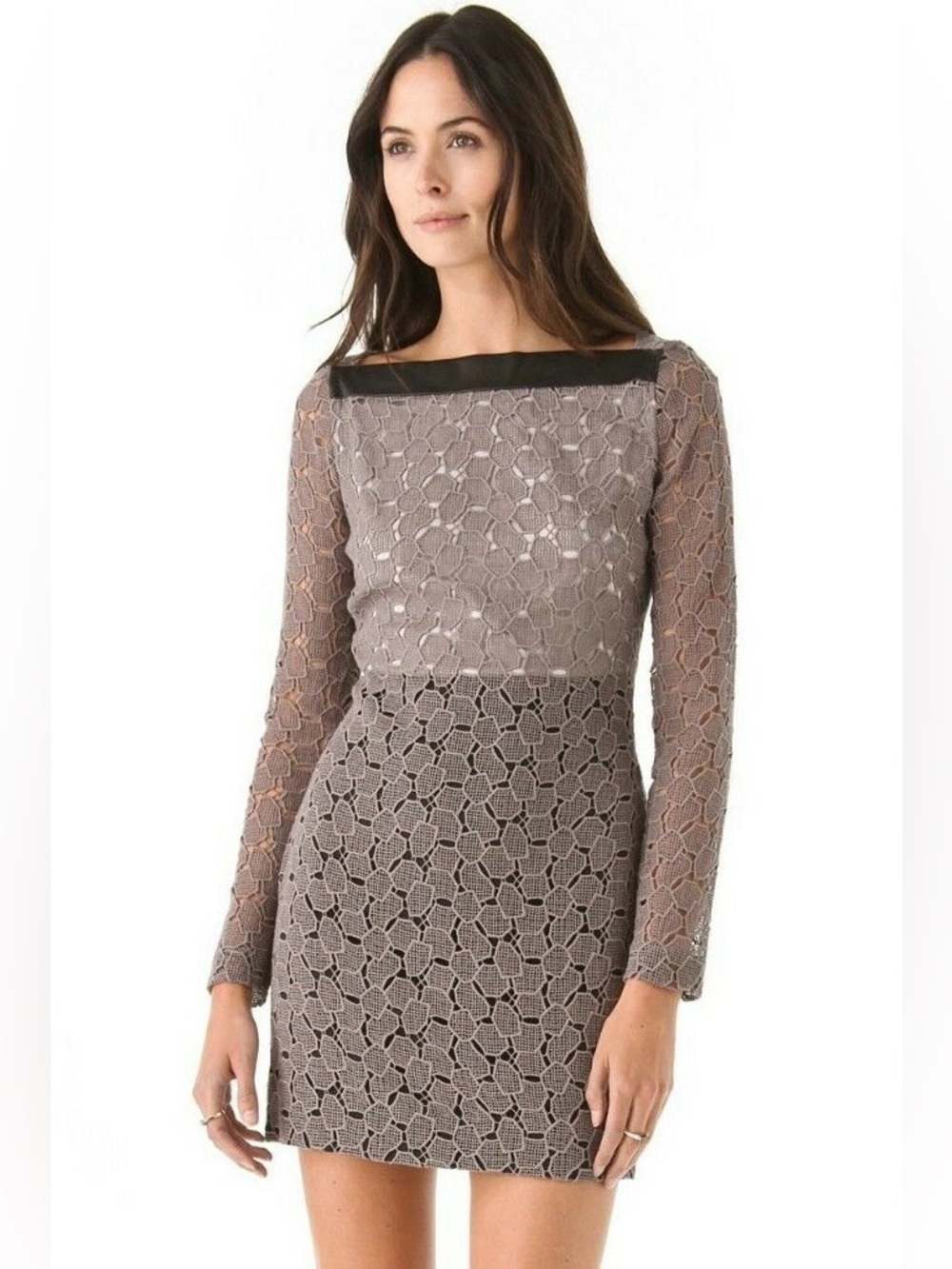 Diane Von Furstenberg. New Sarita Pebble Lace Lambskin Leather Trim Dress. 2.